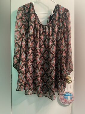 Sheer Black Floral Boho Blouse with Pink & Blue Flowers Lc Lauren Conrad 3X